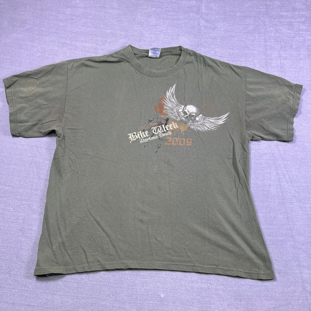 Gildan Bike Week 2009 Daytona Beach Graphic T-Shirt Mens XL Olive Green‎ Cotton